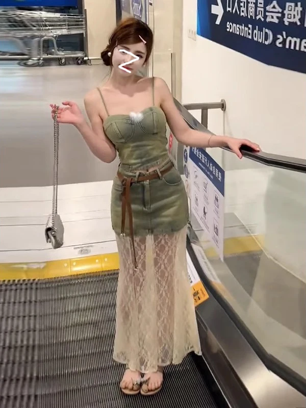 

Винтажный джинсовый комплект с кружевной отделкой: укороченный топ и юбка, летний женский наряд, комплект из длинных брюк Pure Desire Sle