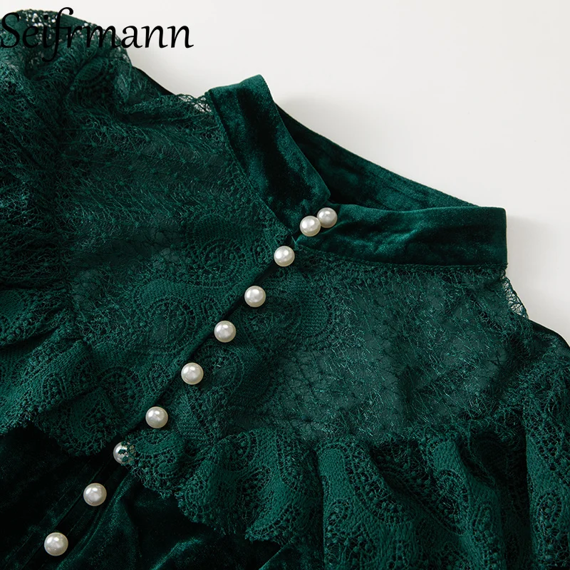 Seifrmann 2026 Wiosenna Nowa Kolekcja Damska Modna Sukienka z Kołnierzykiem Stójką, Długim Rękawem, Aksamitu, Koronkowymi Ramiączkami i Podkreśloną Talią