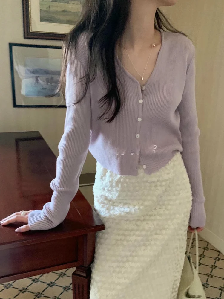 秋の東大門 V ネックニットカーディガン女性の優しいスレオルトフィットスリムアウターウェアトップカジュアルスレロングスベコットン