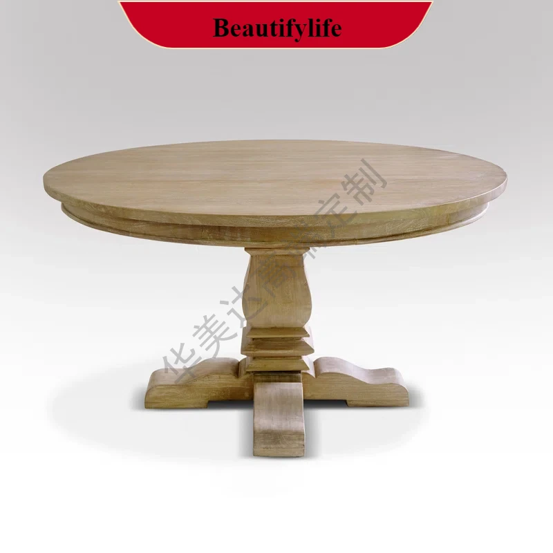 

Q132 French antique restaurant dining table American retro solid wood dining table household round table simple cafe round old