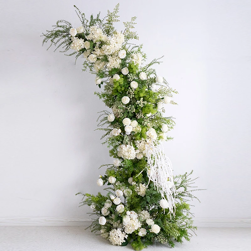 أوراق النباتات الخضراء وخلفية صف الزهور البيضاء للزفاف ، حامل قوس القرن ، ممر المسرح ، لوازم الترتيب ، ديكور الأرضيات #4