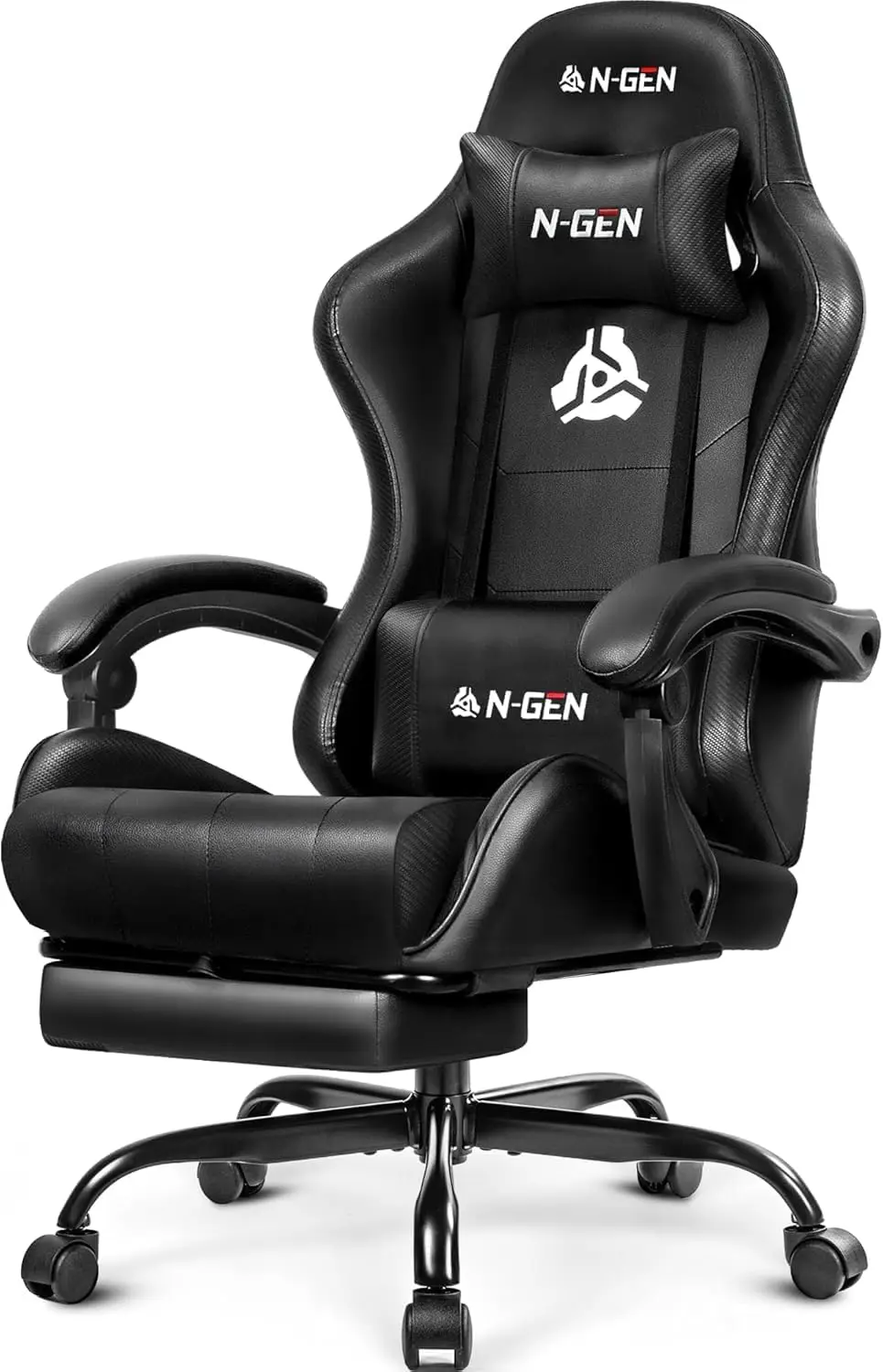 Gaming Chair with Footrest, Lumbar Support, High-Back, Black | Reclining Backrest, Linkage Armrests, Durable PU Leather, Adjusta