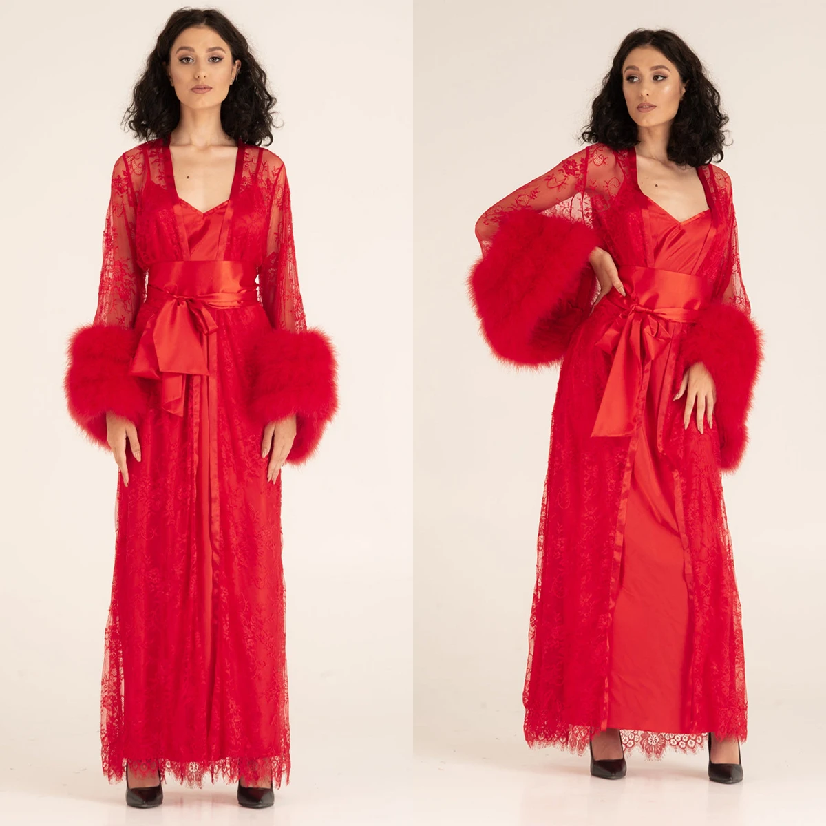 Red Satin Silk Bridal Robe Sleepwear Winter Fur  Long SleeveWedding Evening Bathrobe Nightwear Custom Made Robe Gowns