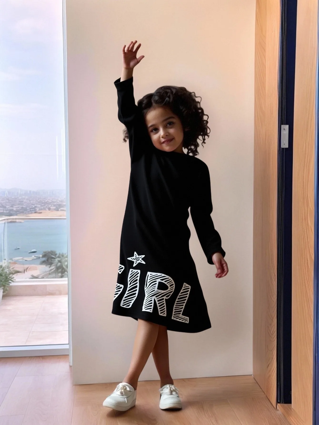 Girls' Slim Fit Long Sleeve Dress Solid Color Knitted Fabric round Neck Letter Print Casual Fashion Single Piece for Autumn
