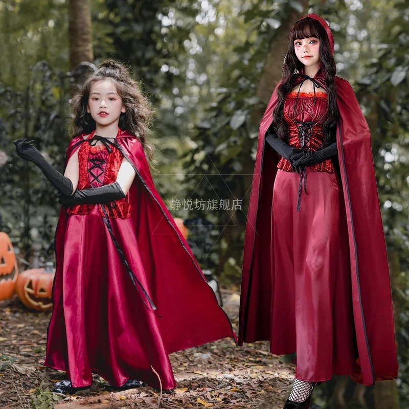 

Halloween for Children Witch Cosplay Dress 3-Piece Girl Red Princess Vesutdos Disfraz Anime Stage Costume Vampire Demon Robe