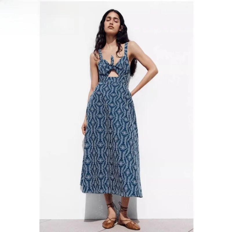 エレガントなハイウエストミディドレス刺繍入りグルーホローアウトノースリーブレディースファッション春夏新作ガウン