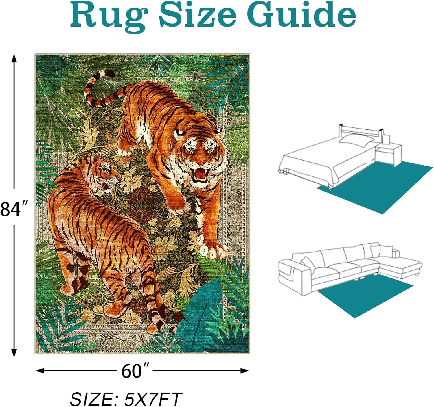 Vintage Jungle Tiger Print Area Rug, Dual Tigers with Tropical Floral Border Non-Slip Floor Mat for Living Room Bedroom