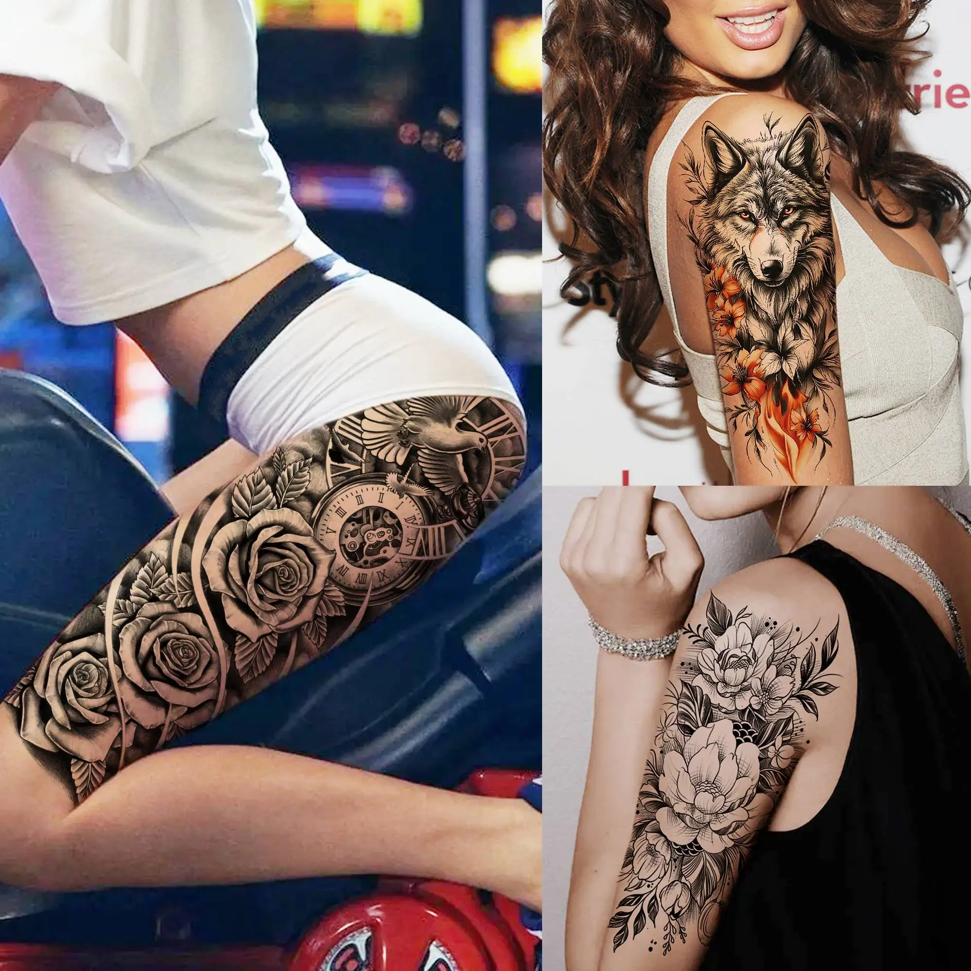 1 Sheet Full Arm Sleeve Temporary Tattoos For Women Girls Fake Flower Compass Peony Rose Tattoo Sticker Sexy Body Art Painting