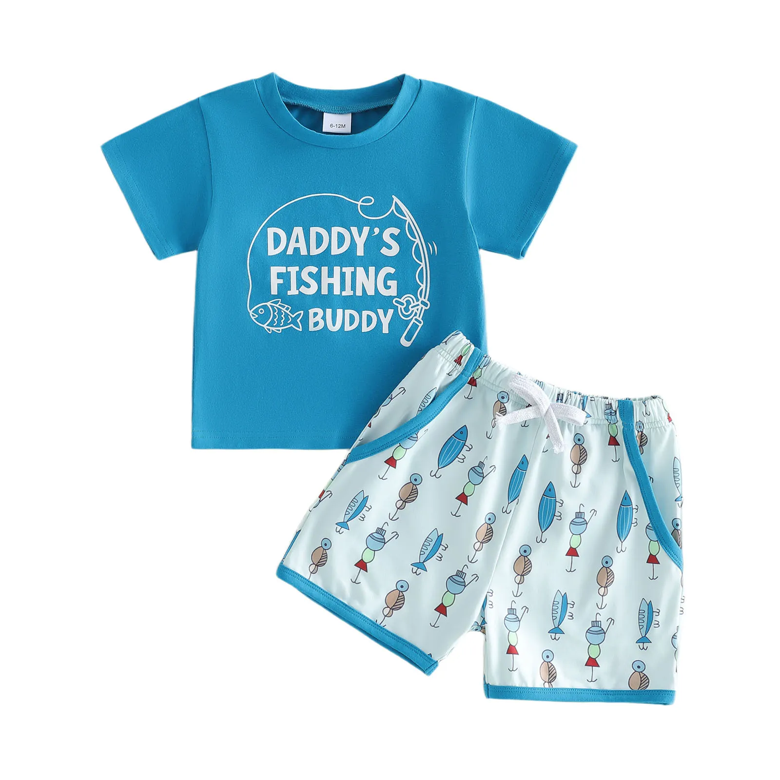 2Pcs Toddler Baby Boy Outfit Summer Short Sleeve Crew Neck Fish Letters Print Tops and Elastic Waist Shorts Set