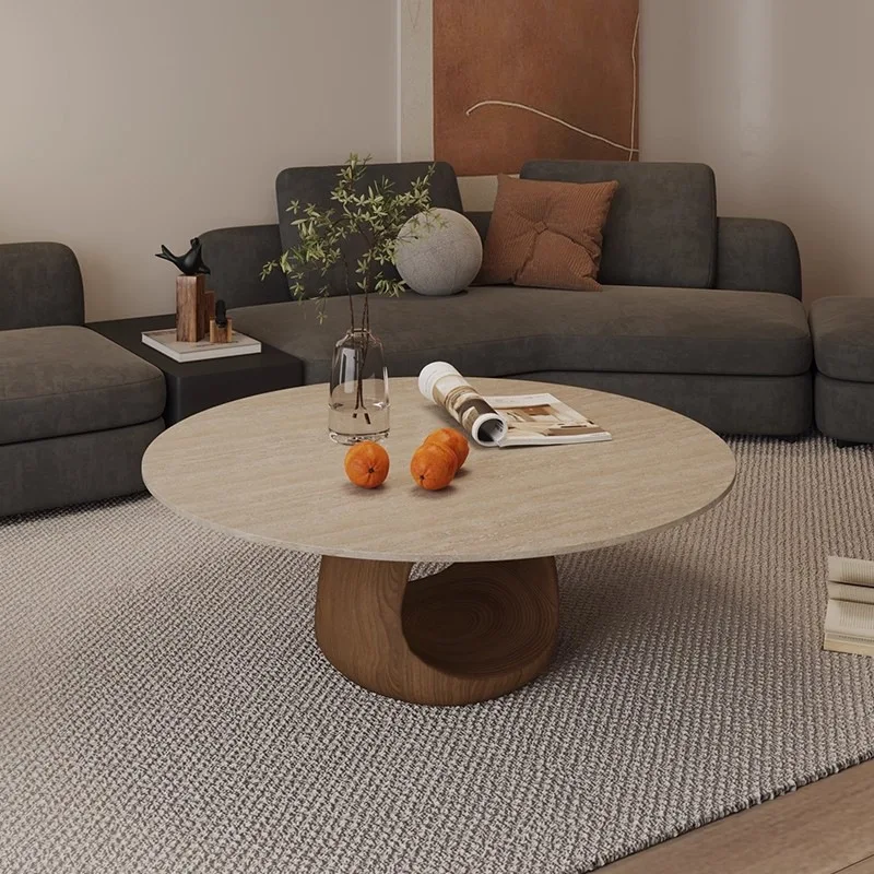 Cave stone pattern solid wood coffee table round hollow design household living room simple high-end tea table