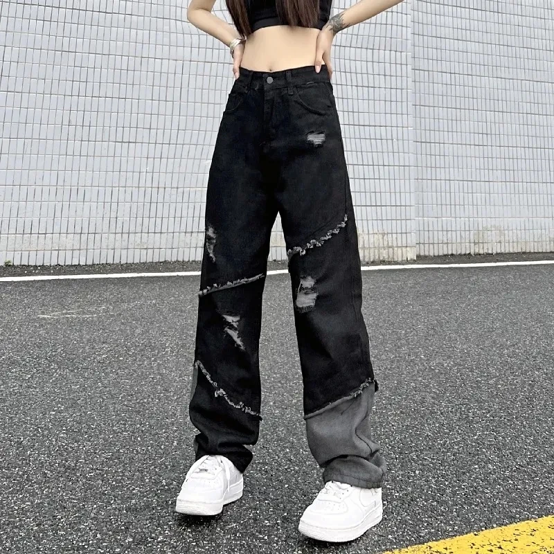 

Tidal Current Splice Ripped Y2k Baggy Jeans Women Aemican Style Cool Girl Streetwear Trousers Vintage High Waist Women's Pants