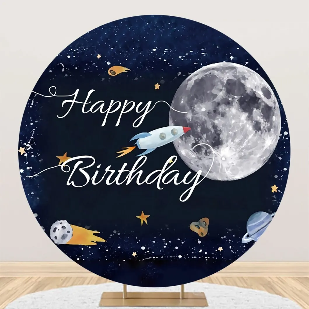 Outer Space Theme Round Backdrop Cover for Baby Happy Birthday Party Planet Galaxy Astronaut Kid Portrait Photography Background