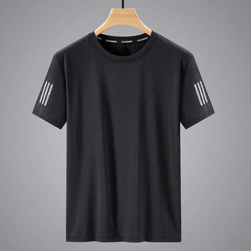 Summer Ice Silk T-shirt Men's Round Neck Quick Drying Short Sleeves Thin Breathable Half Sleeve Top Men's Sport Loose-fit Trendy