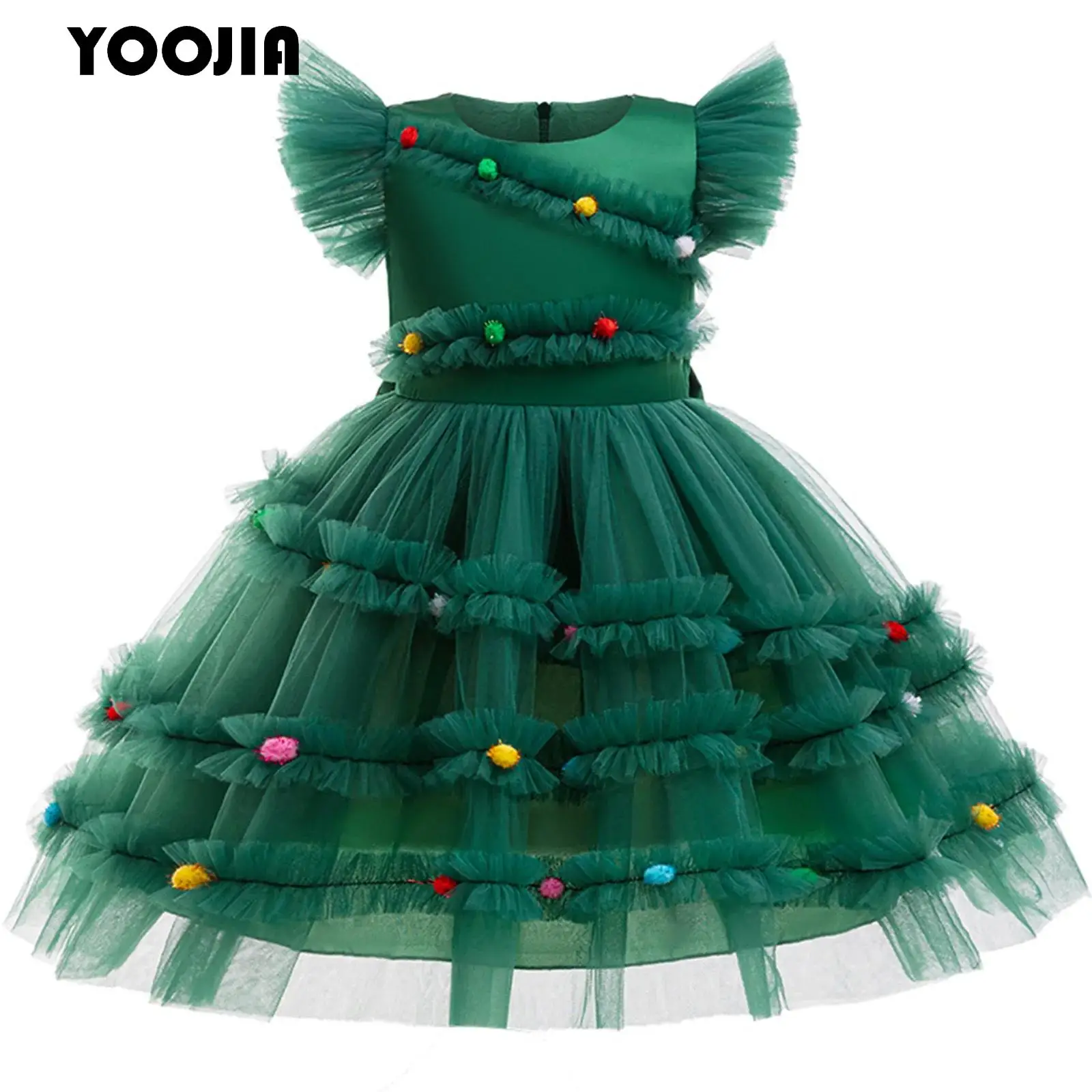 

Green Christmas Tree Dress Girls Princess Cute Flying Sleeve Bowknot Mesh Tulle Tutu New Year Xmas Holiday Party Layered Dress