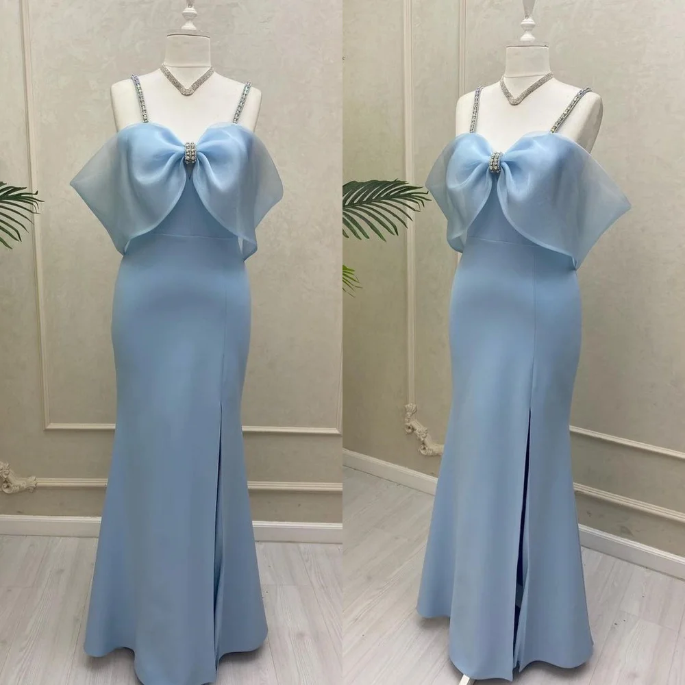 Modern Style Formal Evening V-Neck Trumpet / Mermaid Bow Organza Floor-Length Satin Bespoke Occasion Dresses  