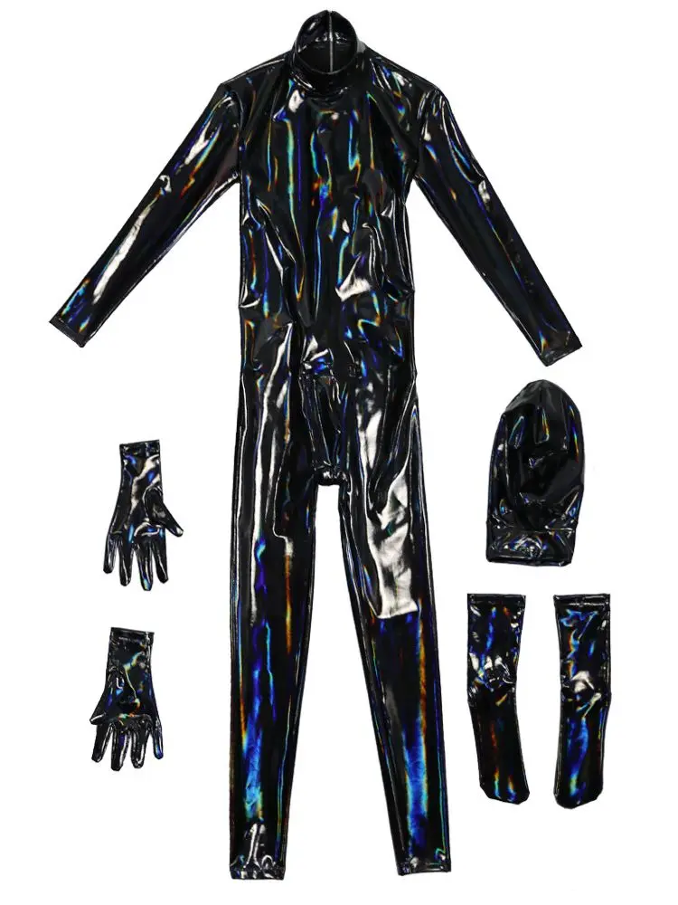 Wet Look PVC Catsuit para homens, brilhante bodysuit de couro PU, Cosplay Zentai, Clubwear Sexy, collant Conjoined, macacão, calças justas