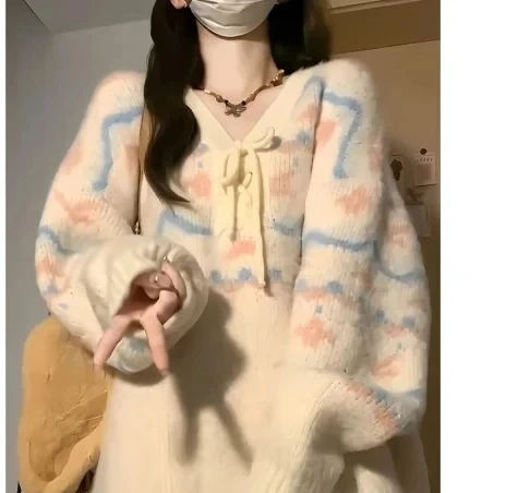 

Autumn Style Female Students Sweater Pullovers Block Color Striped Ribbon Lantern Sleeve Fashion Women's Sweaters