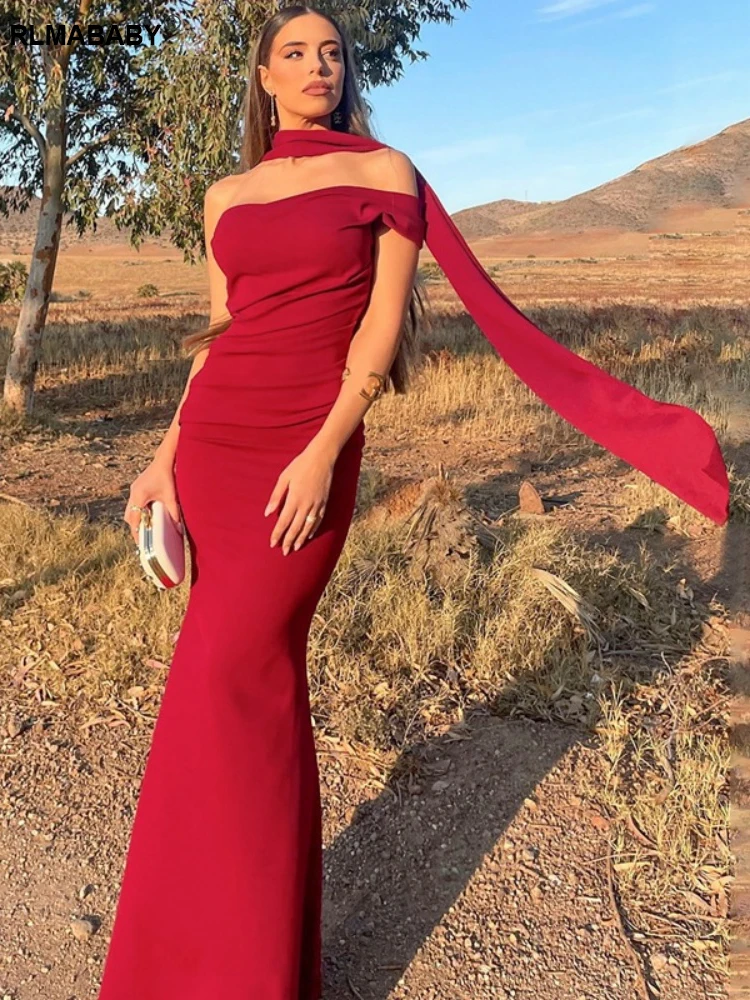 RLMABABY مثير واحد الكتف عارية الذراعين وشاح المرأة Bodycon فستان طويل ثوب بلا أكمام قبالة الكتف نادي حفلة أحمر غمد فستان ماكسي