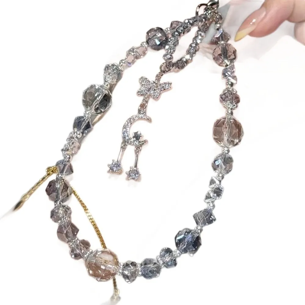 

New Sparkle Butterfly Phone Wrist Strap Bracelet Ice Transparent Blue Beaded Pendant Keychain Rhinestone Phone Hanging Chain Bag