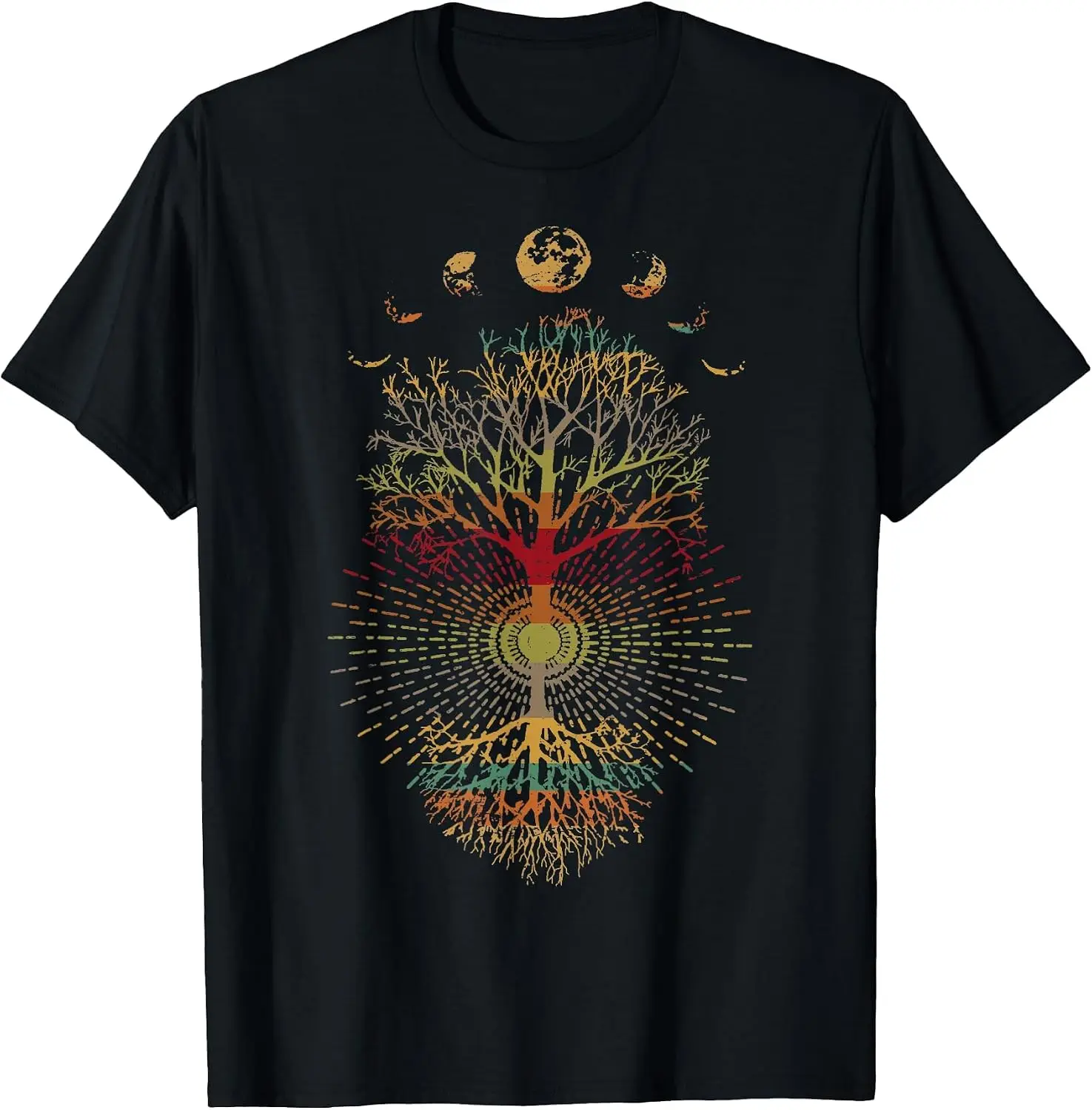 Phases The Moon Retro 60'S 70'S Vibe Tree Of Life T-Shirt vintage style tee  boxy fit tee black graphic tee 100% cotton men