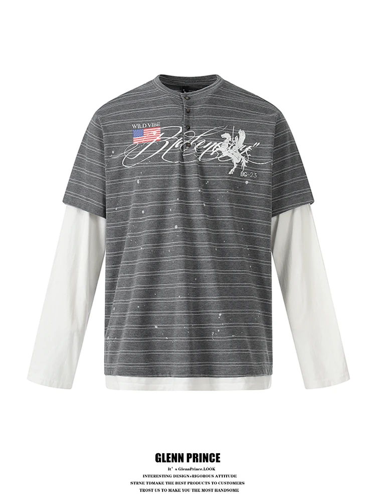 

Мужская футболка с длинным рукавом в американском стиле, в полоску, с воротником хенли, новая, уличный стиль, INS, дышащая, приятная к телу, повседневная футболка