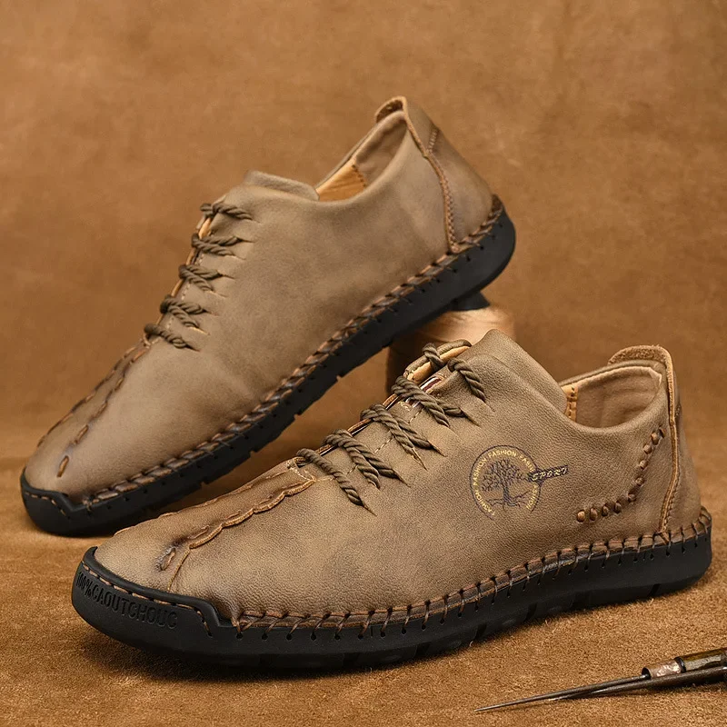 

2025 New Handmade Leather Shoes Comfortable Men Casual Shoes Fashion Men Driving Shoes Lace up Men Flats Повседневные кроссовки
