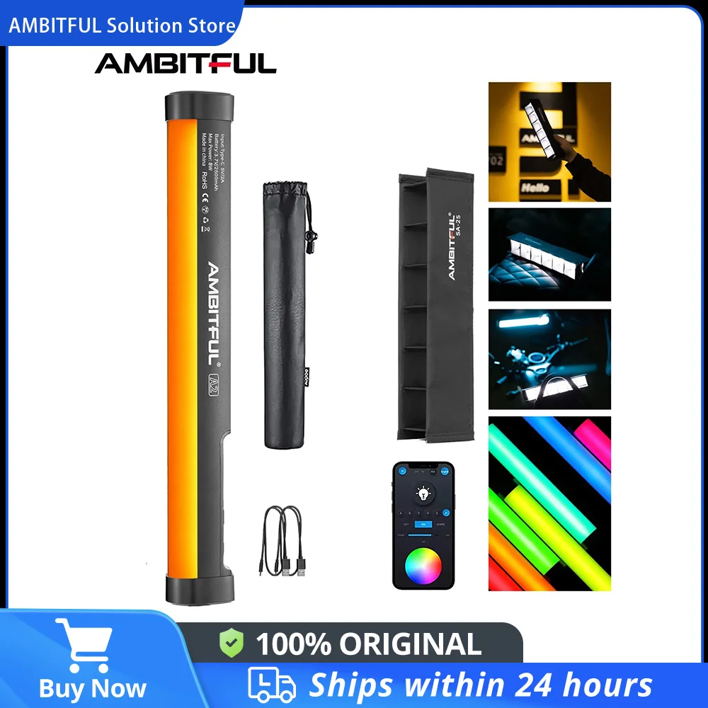 AMBITFUL A2 RGB 2500-8500K RGB LED Video Stick Tube Light + Honeycomb Grid Built-in APP Lithium Battery Magnetic Function