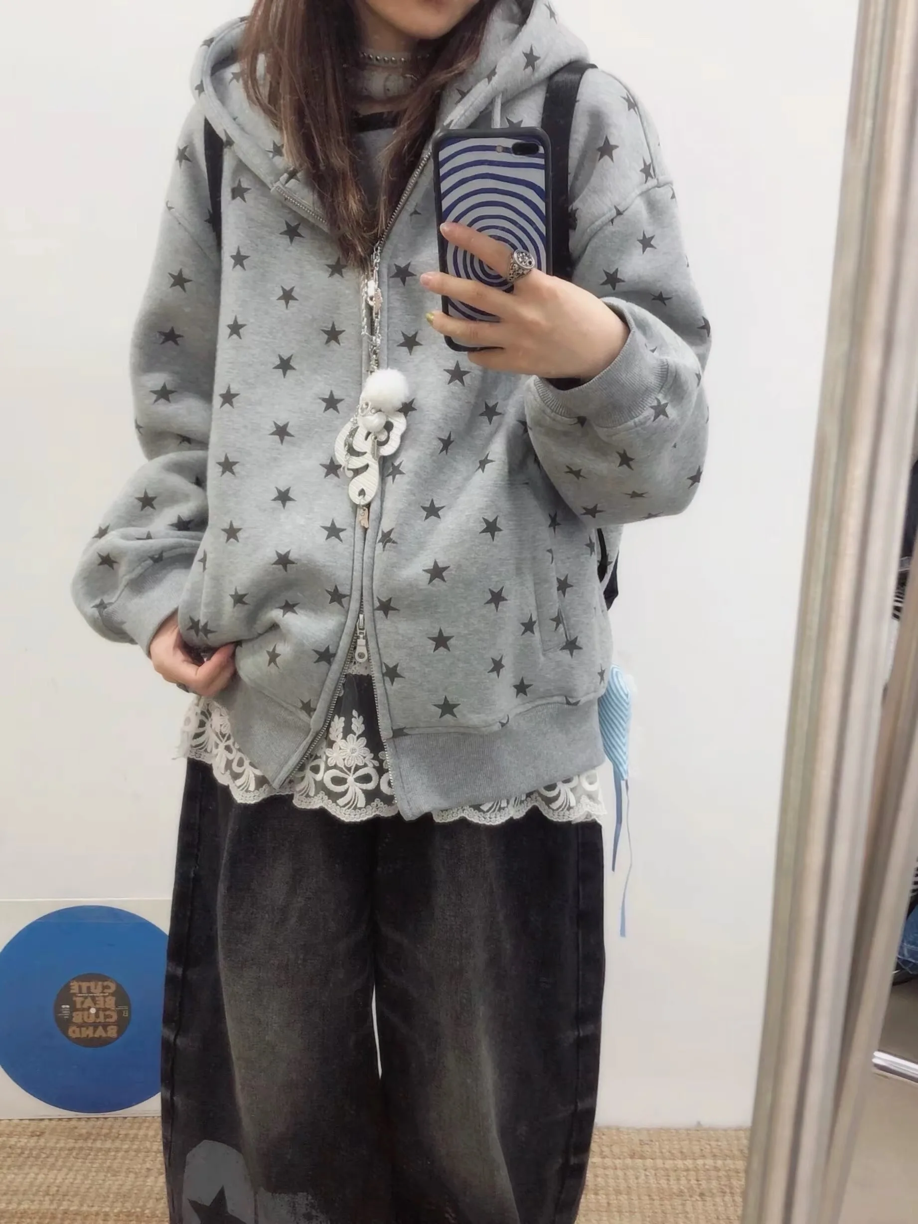 American Retro Star Print Sweatshirt Women's Autumn New Design Sensation Open Cardigan Coat Winter Loose Fit Hooded Long Slee...