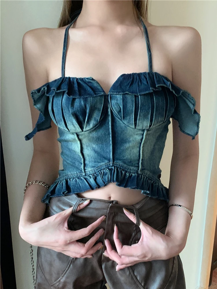 

Vintage Ruffles Denim Stretch Halter Top Women Off Shoulder 2023SS Fashion Short Jeans Tank Tops Hot Girls Sexy Irregular Camis