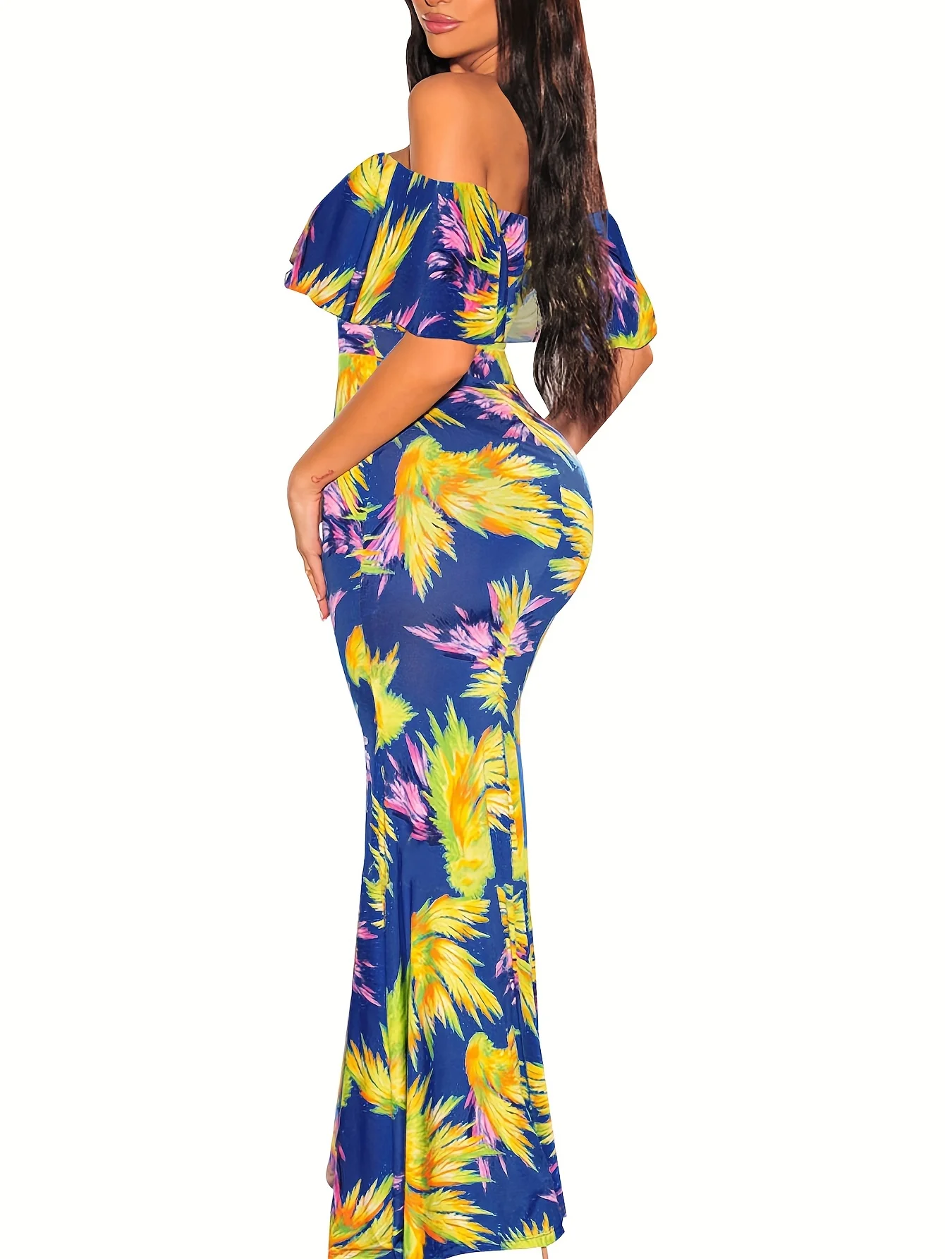 Women Rose Sunflower Floral Print Strapless Sexy Bodycon Slash Neck Off Shoulder Short Sleeve Polyester Floor Length Maxi Dress
