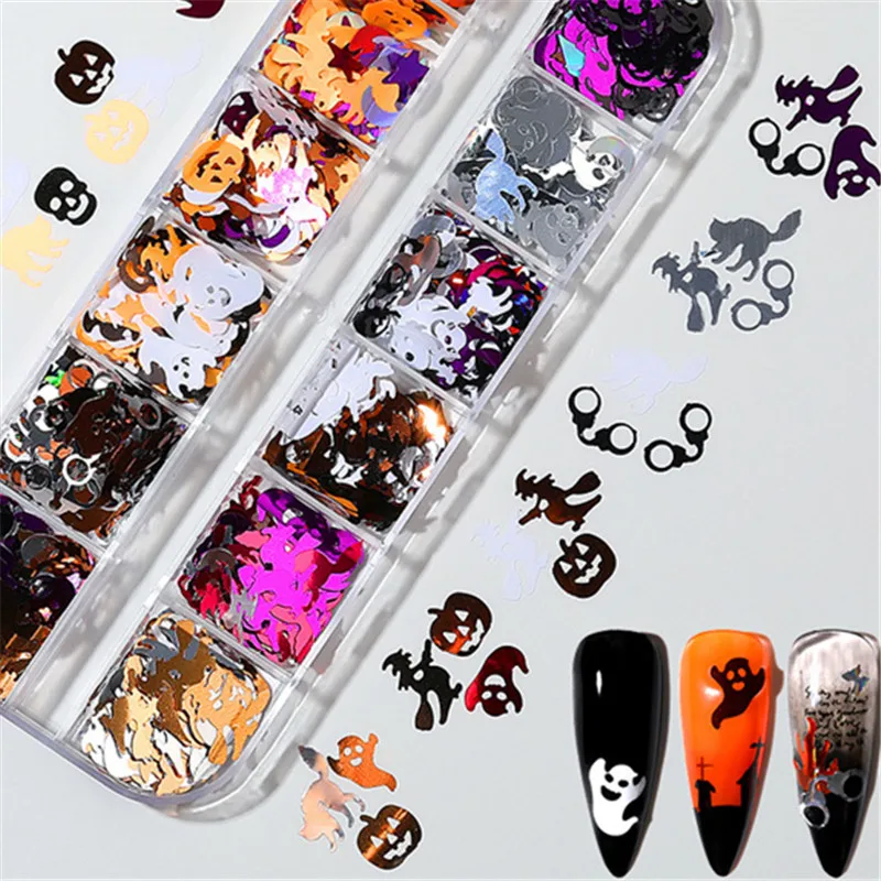 Lentejuelas holográficas con purpurina para Festival, accesorios de decoración de uñas artesanales, 1 caja con forma de calabaza fantasma de Halloween