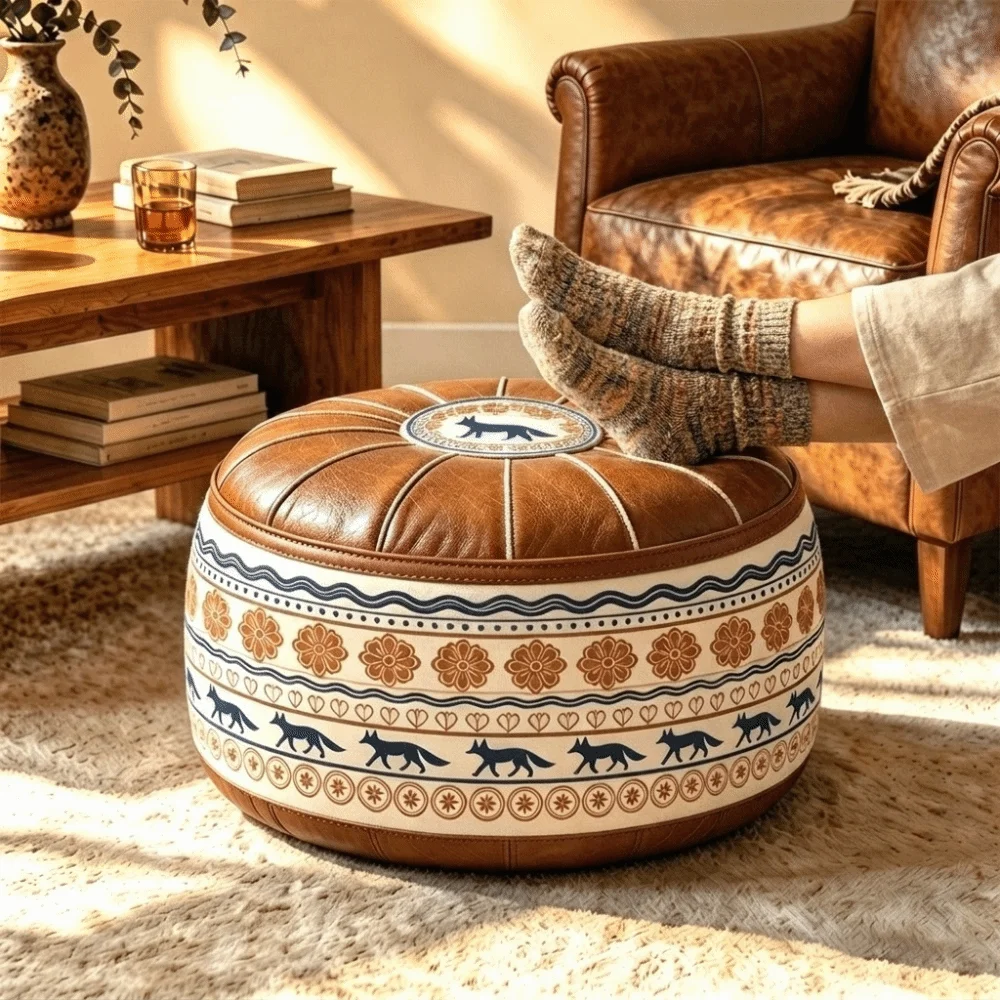 PU Leather Round Sofa Stool Cover Vintage Waterproof Seat Cushion Cover Foldable Space-Saving Sofa Footstool Entryway