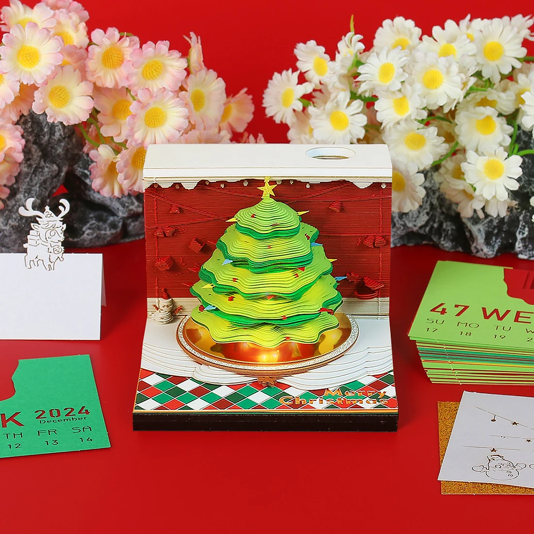 

Omoshiroi Block 3D Calendar 2024 Christmas Tree 3D Notepad 3D Paper Art Memo Pad Led Lights Note Blocks Christmas Birthday Gift