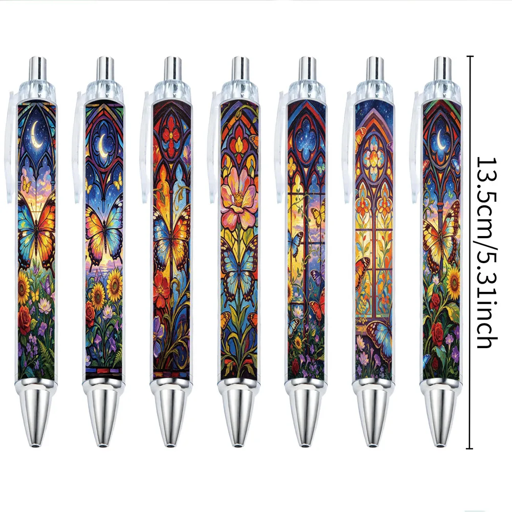 7Pcs Gothic Window Flower Butterfly Plant-Themed Retractable Ballpoint Pens, Holiday Gift Pens with Random Designs