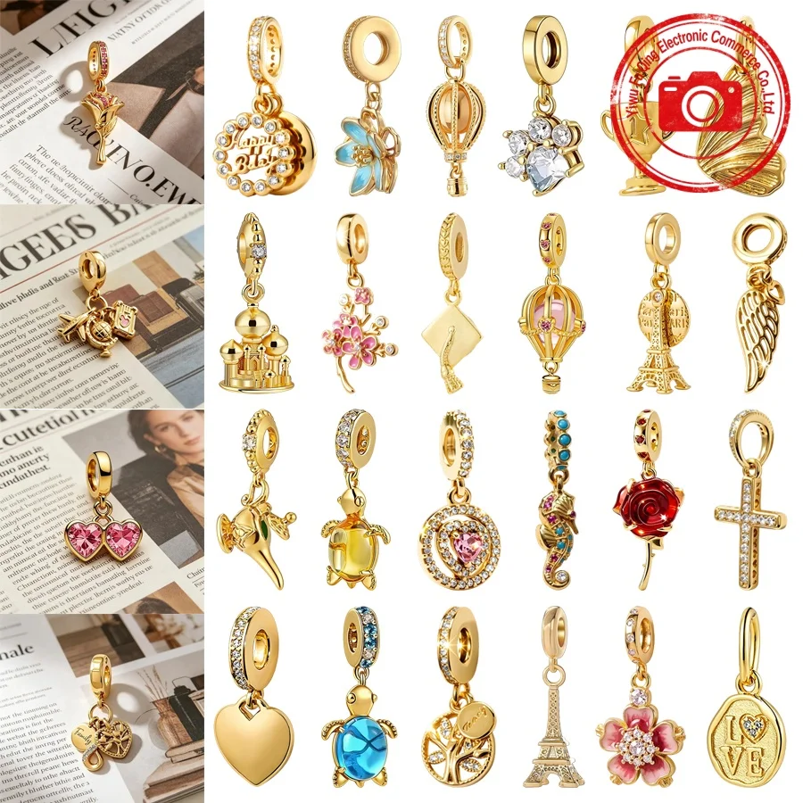 

New Charms DIY Jewelry Gifts Sparkling Golden Pendant Series Love Letter Red Rose Sea Turtle Fit Original Snake Bracelets Beads