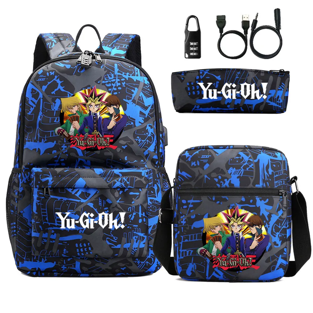 

Anime Yu-Gi-Oh 3Pcs USB Anti-theft Lock Boy Girl School Book Bags Travel Backpack Shoulder Bag Pen Bag