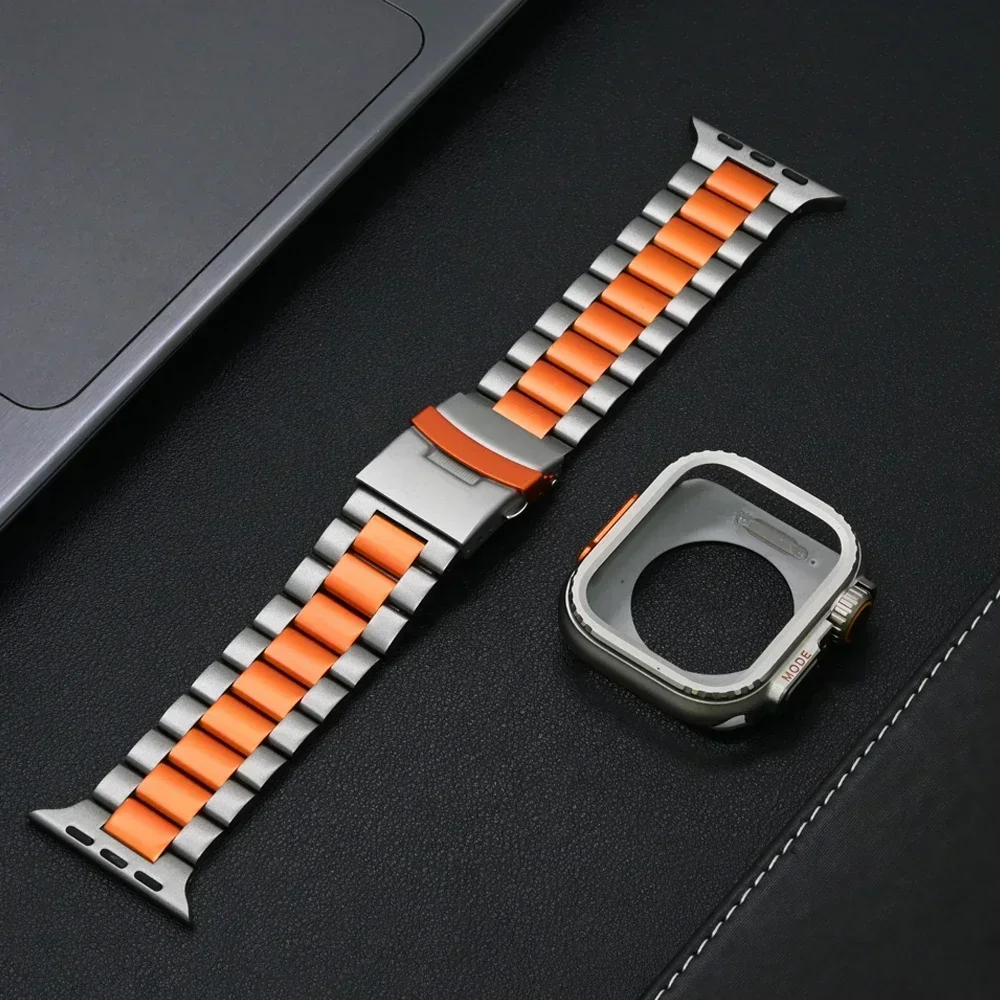 

Titanium Band for Apple Watch Ultra 49mm 44mm 46mm 45 Aluminum Alloy Case+Luxury Men Bracelet Iwatch 10 9 8 7 6 5 SE 44mm Strap