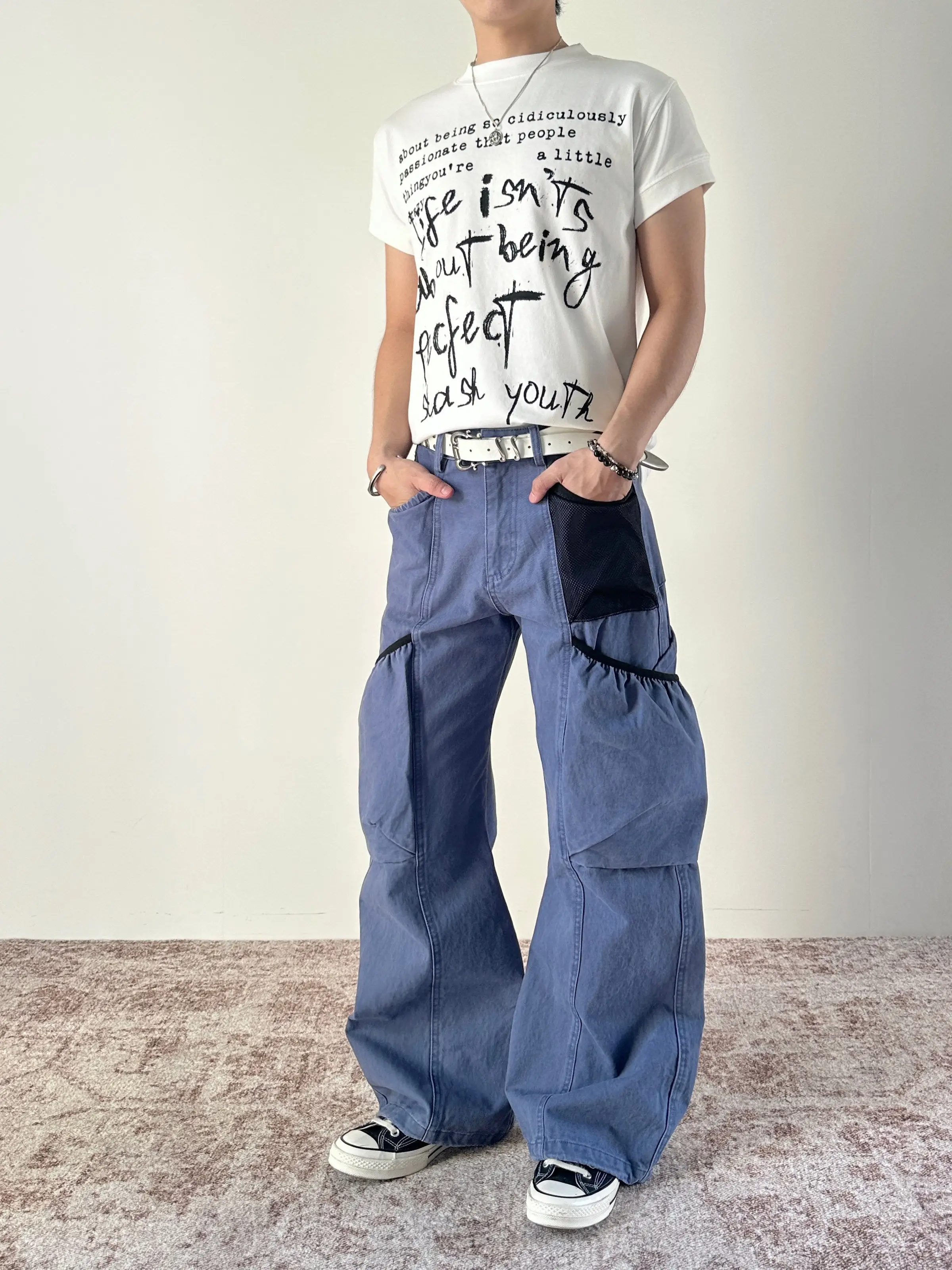 American High Street Retro Multi-Pocket Men's Loose Straight Leg Casual Pants Knife Workwear Jeans mid Waist Button Closure