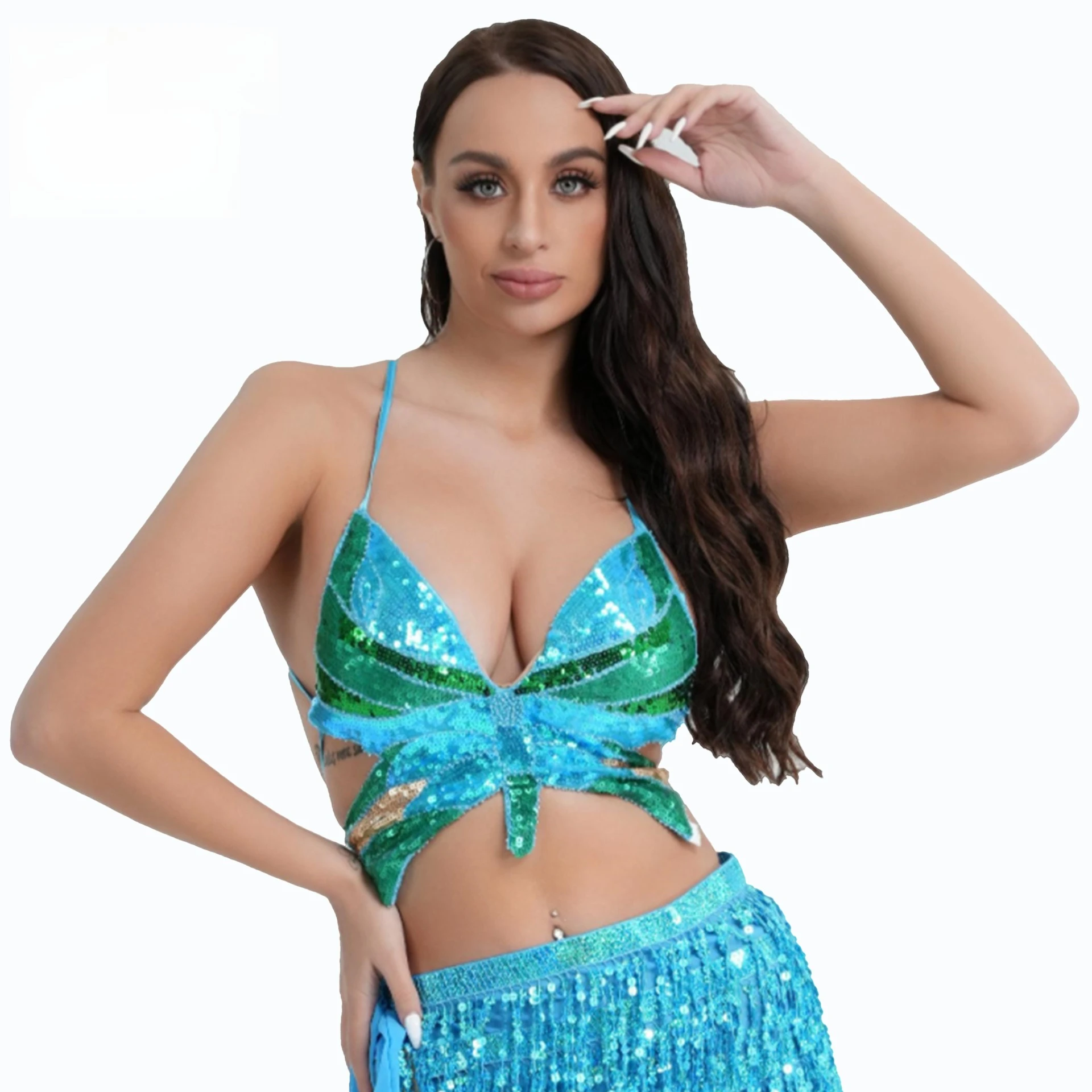 

New Sequined Performance Top Belly Dance Butterfly Bra DS Nightclub Stage Party Costume