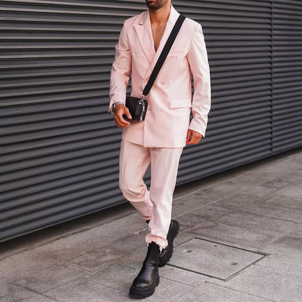 

Light Pink Men Suits for Wedding Formal Party Wear Peak Lapel Double Breasted Male Tuxedos Bridegroom 2 Piece Jacket+Pants