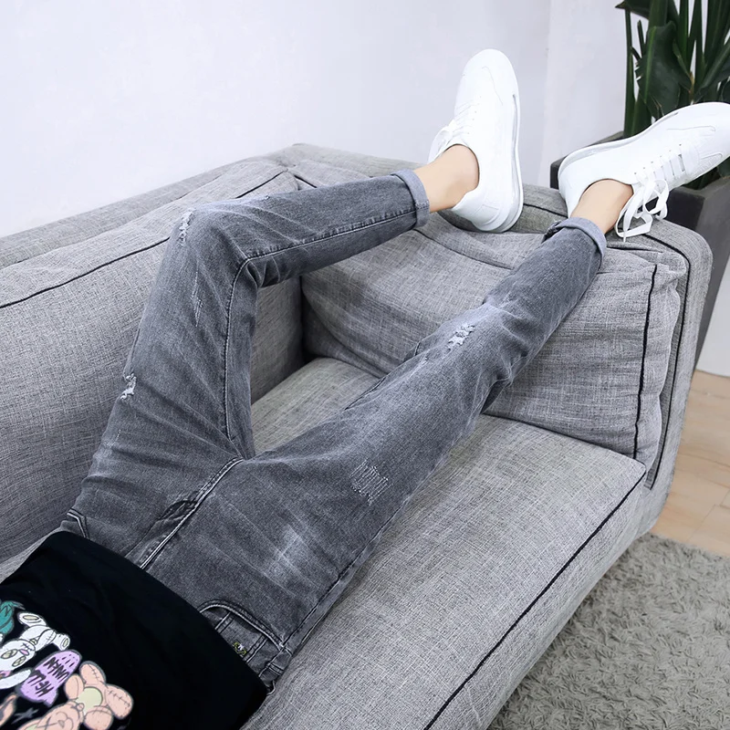 

Джинсы Slim Fit с девятью зубцами, мужские летние тонкие повседневные эластичные джинсовые брюки, молодежные модные корейские брюки для отдыха