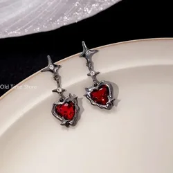 Y2K Goth Heart Cross Star Pendant Earrings for Women Red Zircon Love Earring Gothic Irregular Tassel Stud Earrings Halloween