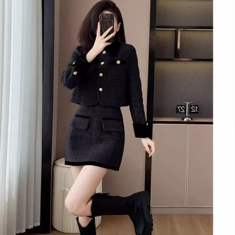 Winter French Elegant Vintage Two Piece Set Patchwork Red Blazer and Skirt Set Tweed Suit Korean Fashion Design Casual Outfits