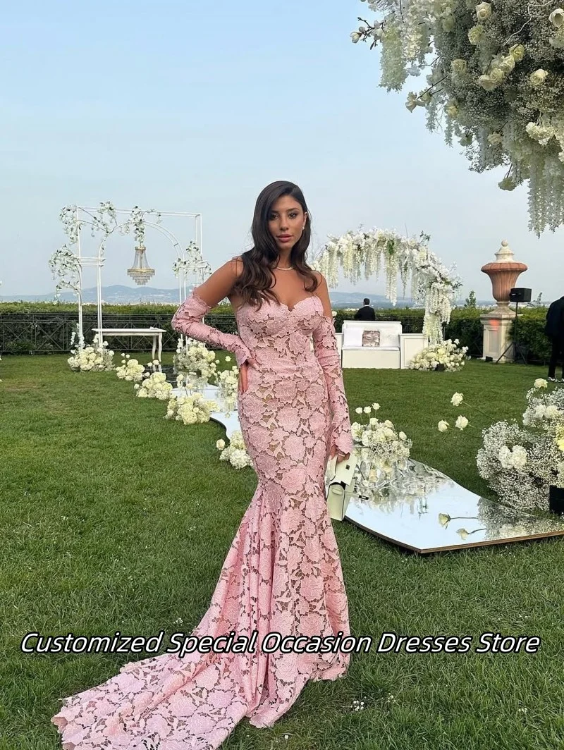 Requintado luz rosa querida vestidos de noite longo sereia vestido de baile com mangas destacáveis vestidos de dama de honra 2025 personalizado