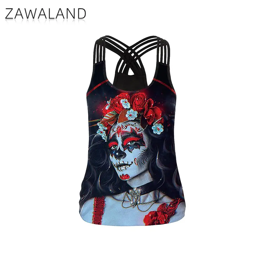 ZAWALAND Halloween Costumes Tank Top Summer Sexy Women Sling Cross T-Shirt Vest Female Pirate Pattern Printed Cosplay Vest Tops