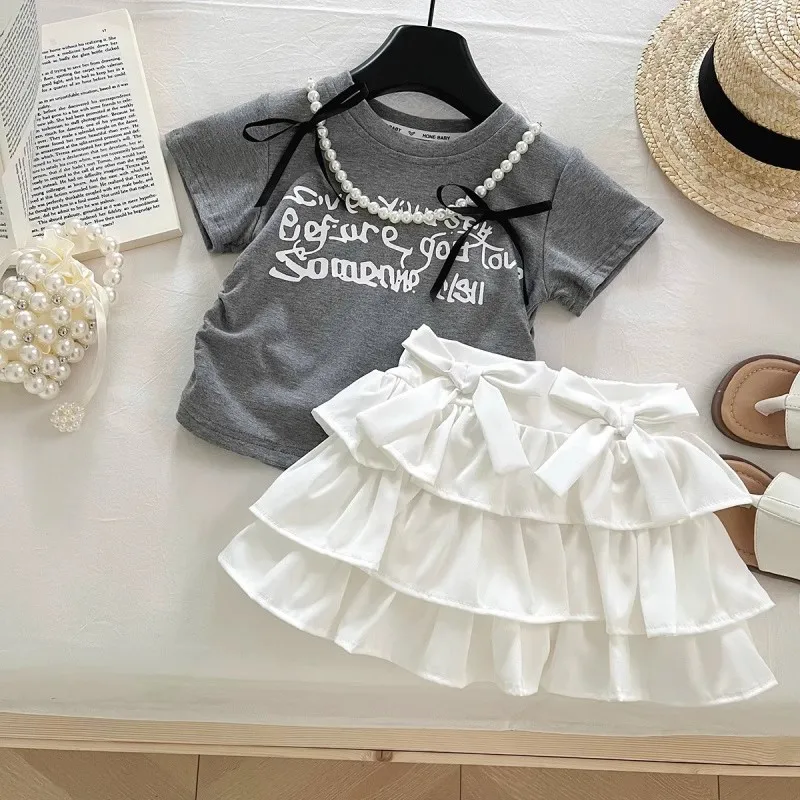 

TOY-2025Summer New Girls' Printed Set Fashionable Stylish Children's Short SleeveTT-shirt Skirt Two-Piece Set