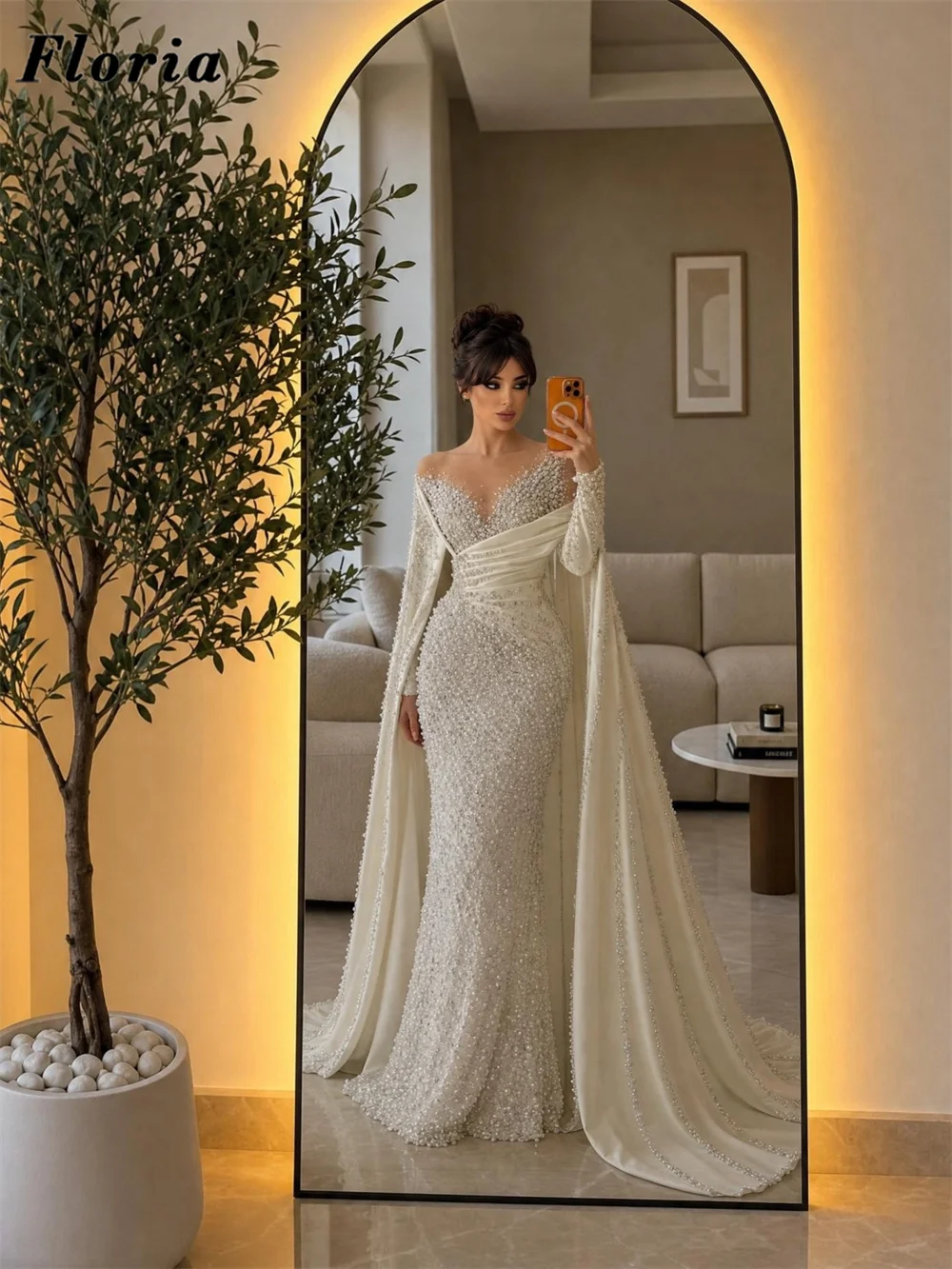 Coutures Ivory Full Pearls Evening Dresses With Cape Sleeves Customized Mermaid Beaded Prom Dress Robes De Soiree Party Gowns