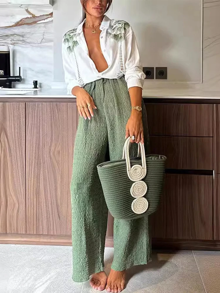 Printed Lace Up Women Trouser Suits Turn-down Collar Single Breasted Shirts Wide Leg Pants 2024 Spring Summer New Chic Lady Sets