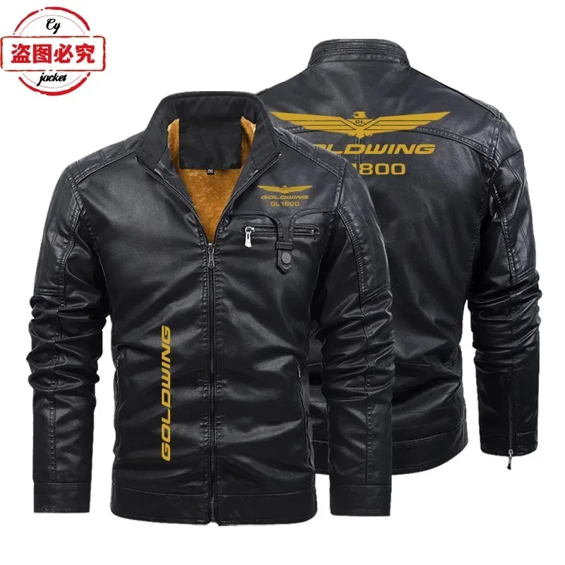 Retro Washed PU Leather Jacket, Warm and Windproof, Men's Gold Wing 1800 Motorcycle Logo Printed Solid Color Jacket,team Uniform