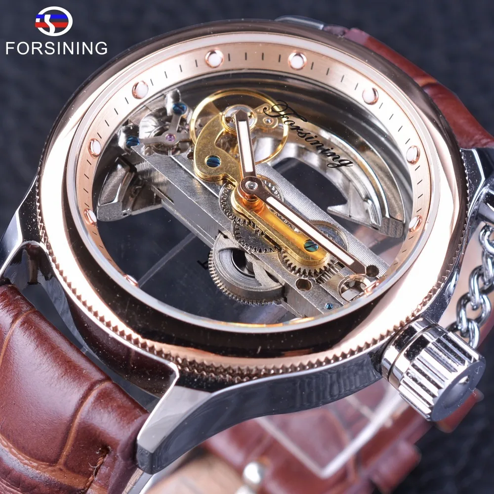 Fashion Forsining Top Brand Personalized Chain Double-sided Hollow Full Automatic Waterproof Mechanical Leather Tourbillon Watch